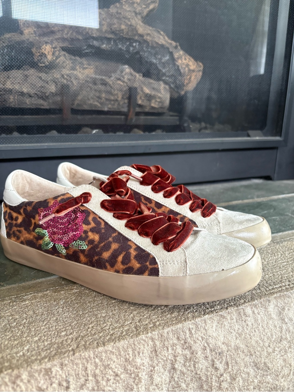 ShuShop Leopard-Panel Sneakers with Red Velvet Ribbon Laces